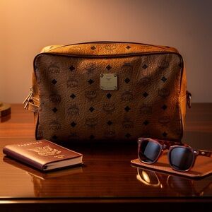 MCM Visetos Cognac Brown Large Cosmetic Pouch Germany